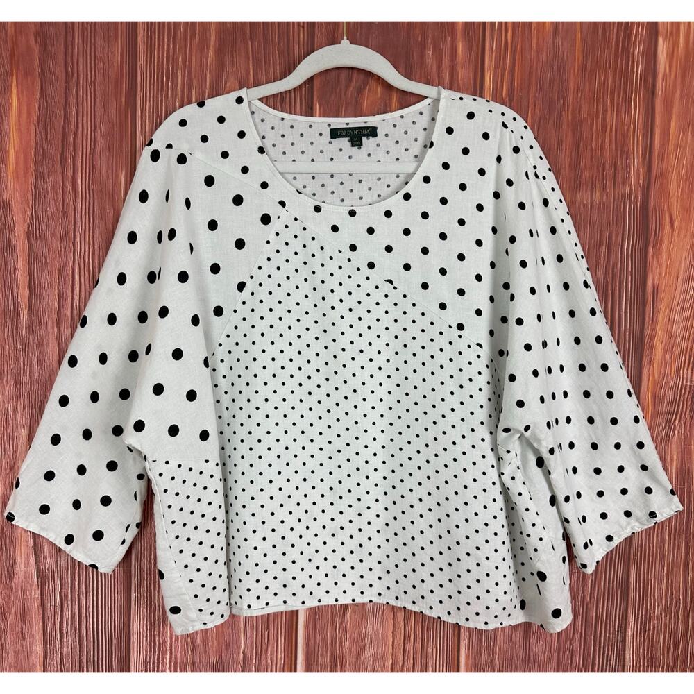 For Cynthia Polka Dot Blouse Boxy Lagenlook Size Medium Linen Blend